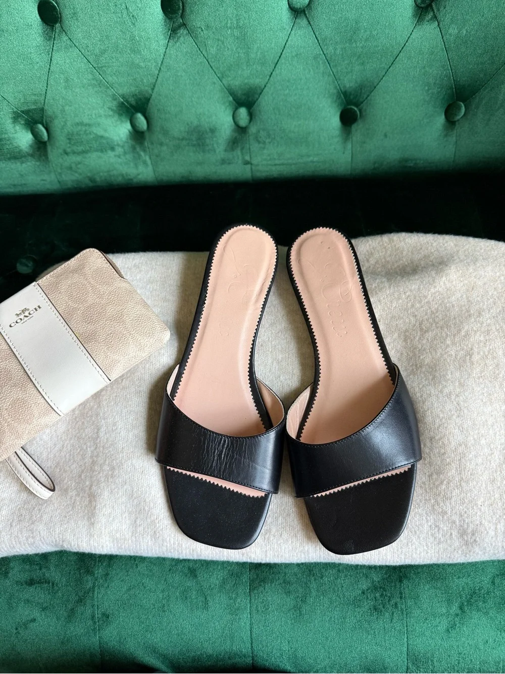 J.Crew Lina Black Leather Kitten Heel Slide Sandals Made in Italy 9 NWOT